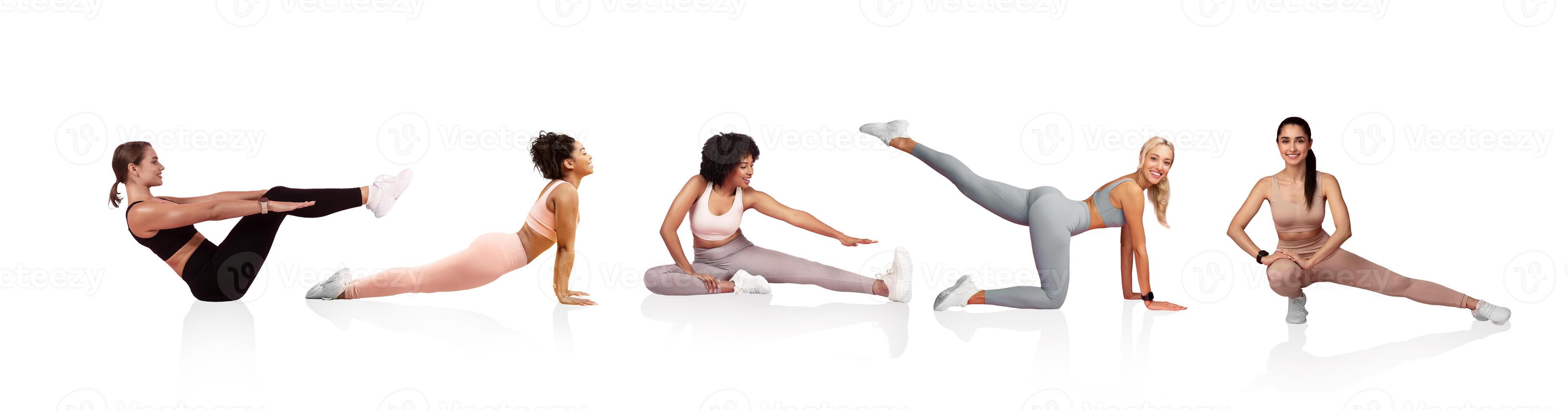 Five women showcase various fitness poses and exercises against a minimalistic background. They wear modern athletic outfits and exhibit focused expressions while performing movements. photo