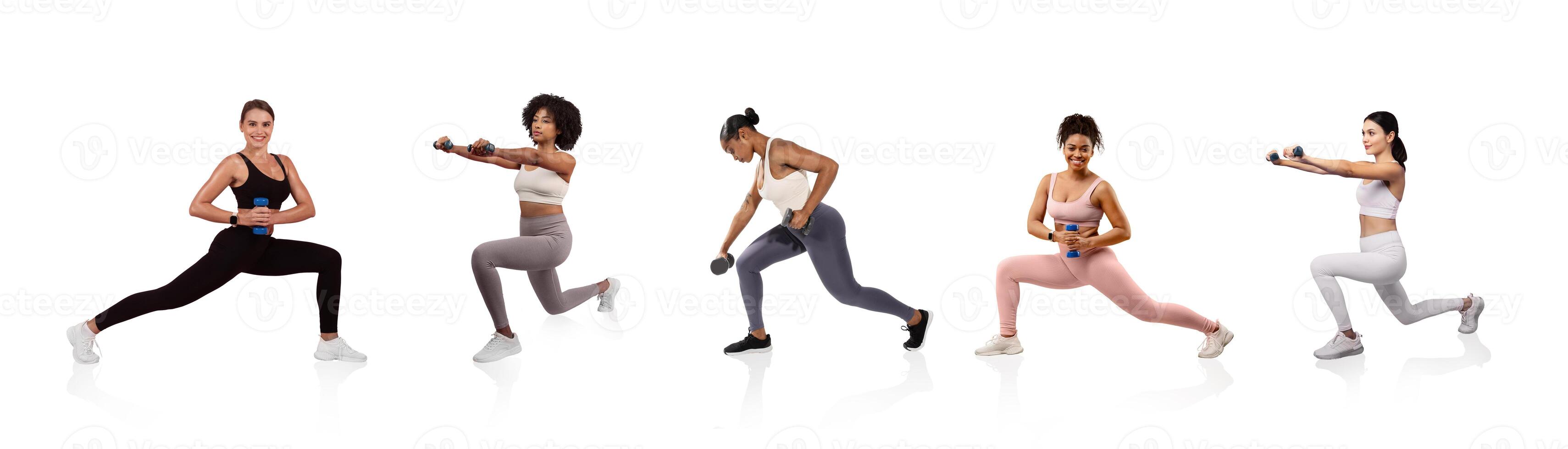 Five women in stylish workout clothing engage in different strength training exercises. The setting is bright and clean, emphasizing health and fitness during an indoor workout session. photo