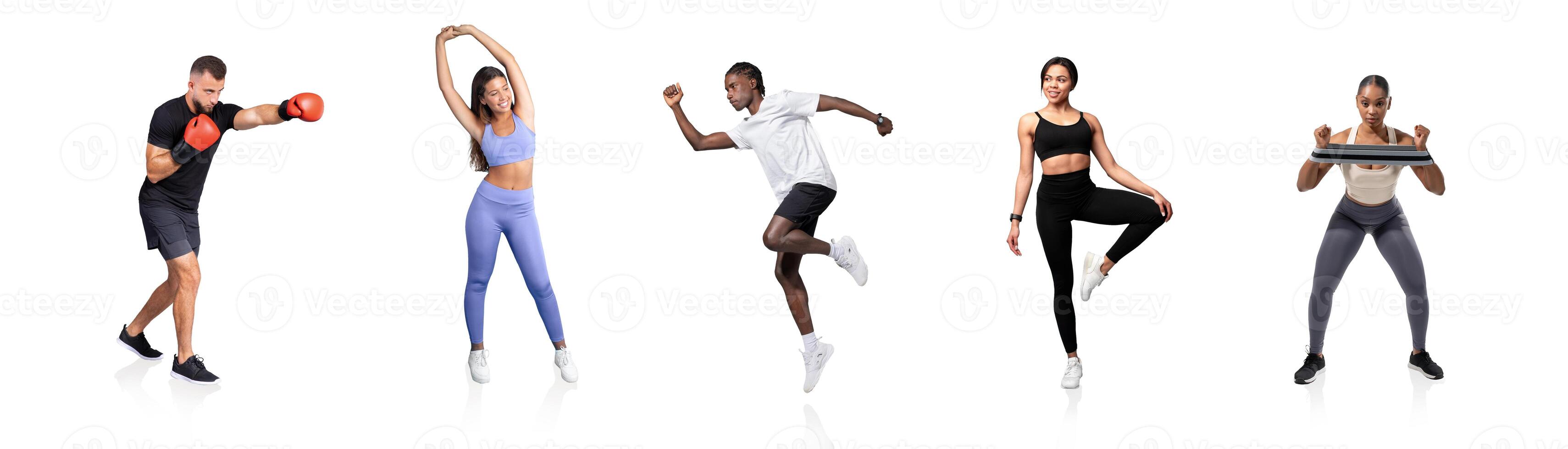Five people participate in distinct fitness activities including boxing, stretching, jumping, balance exercises, and weight lifting, showcasing a range of workouts in a bright space. photo