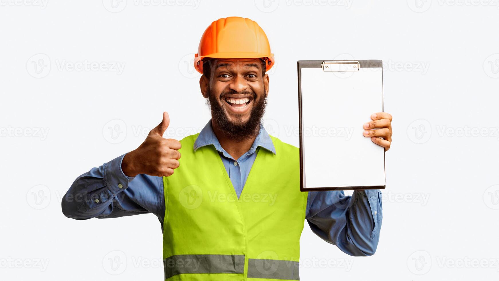 Black Architect Approving Construction Building Project Gesturing Thumbs Up Smiling To Camera On White Background. Panorama, Studio Shot photo