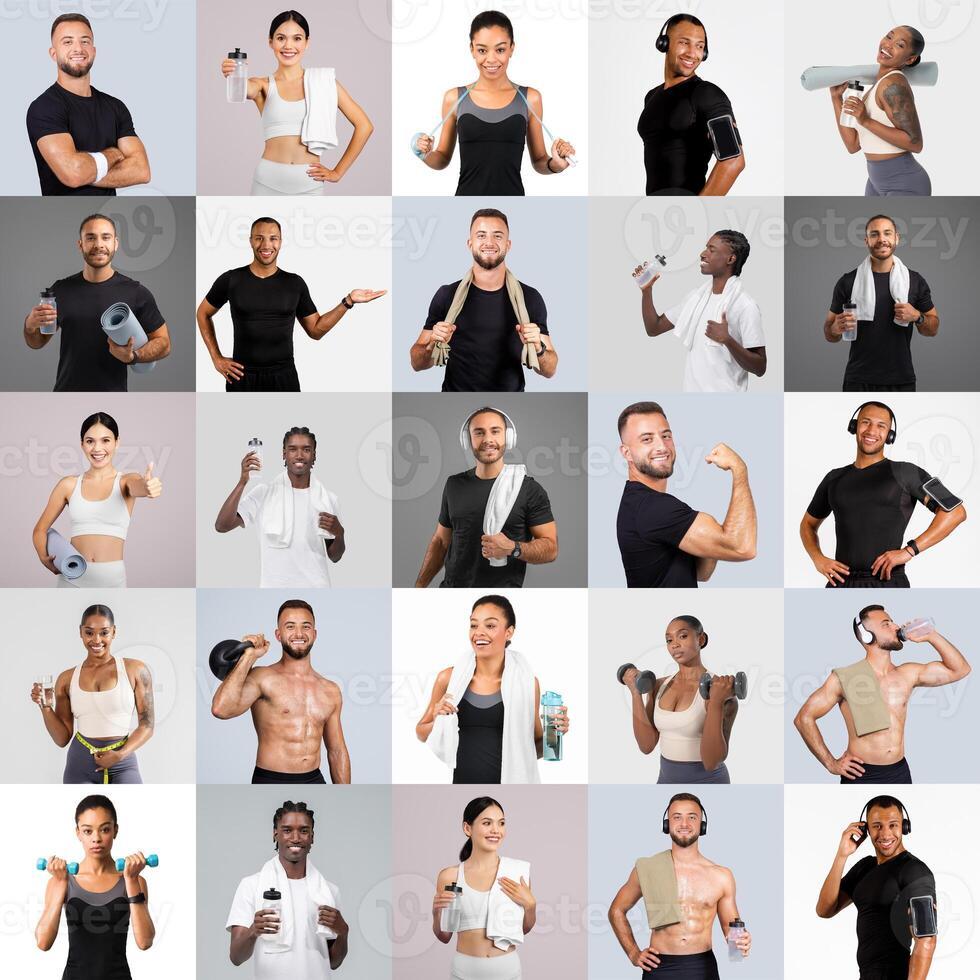 Various individuals engage in fitness activities, holding gym equipment and water bottles. Each person displays unique styles and expressions, emphasizing a healthy lifestyle. photo
