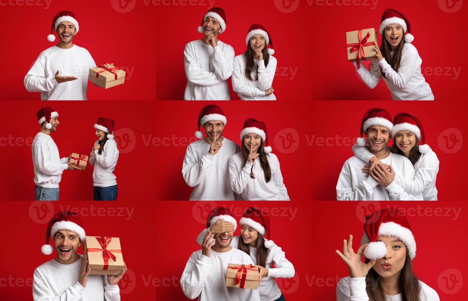 A cheerful couple dressed in Christmas attire is celebrating the holiday season together. They are exchanging gifts and enjoying each other's company in a vibrant and festive atmosphere. photo