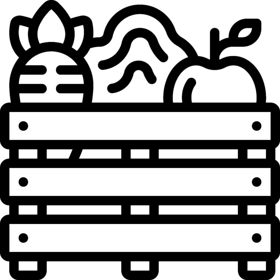 A black and white illustration of a wooden crate with fruit and vegetables vector