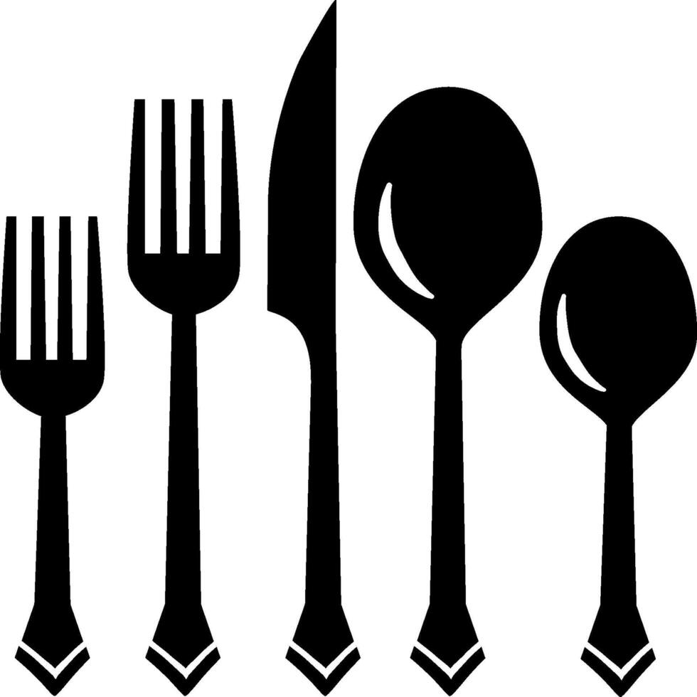 A black and white illustration of a fork, spoon and knife vector