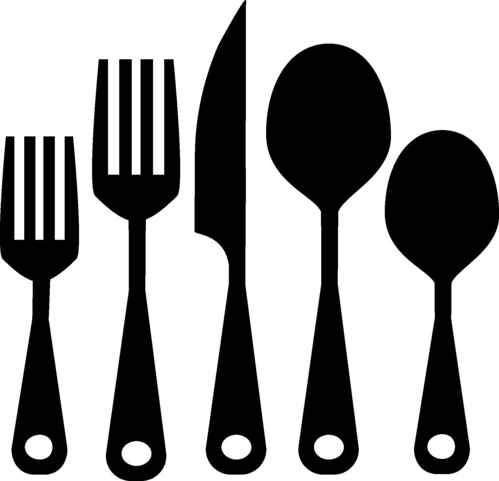 A black and white silhouette of a fork, spoon, knife and fork vector