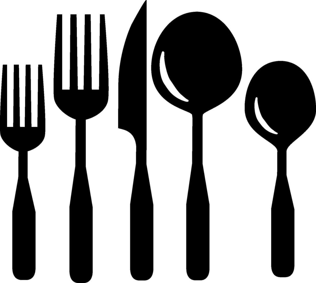 A black and white illustration of a fork, spoon and knife vector