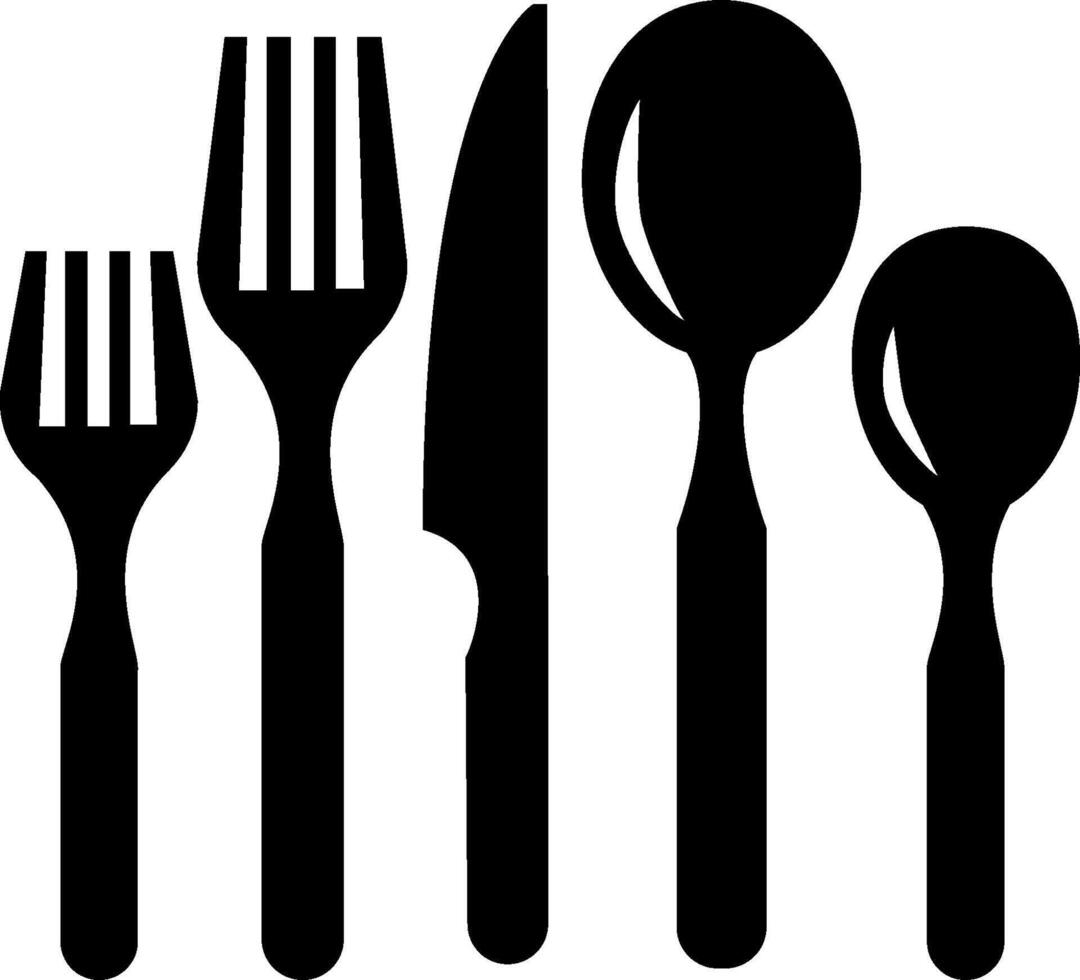 A black and white silhouette of a fork, spoon and knife vector