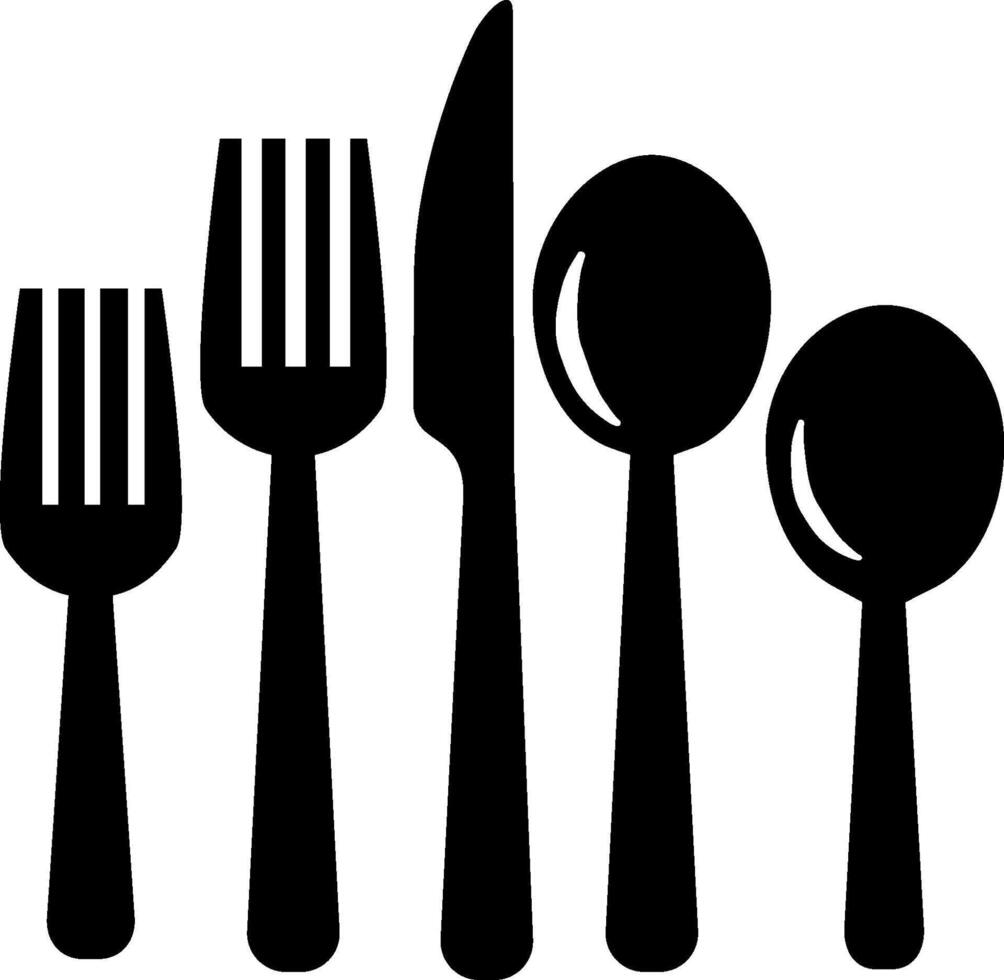 A black and white silhouette of a fork, spoon and knife vector