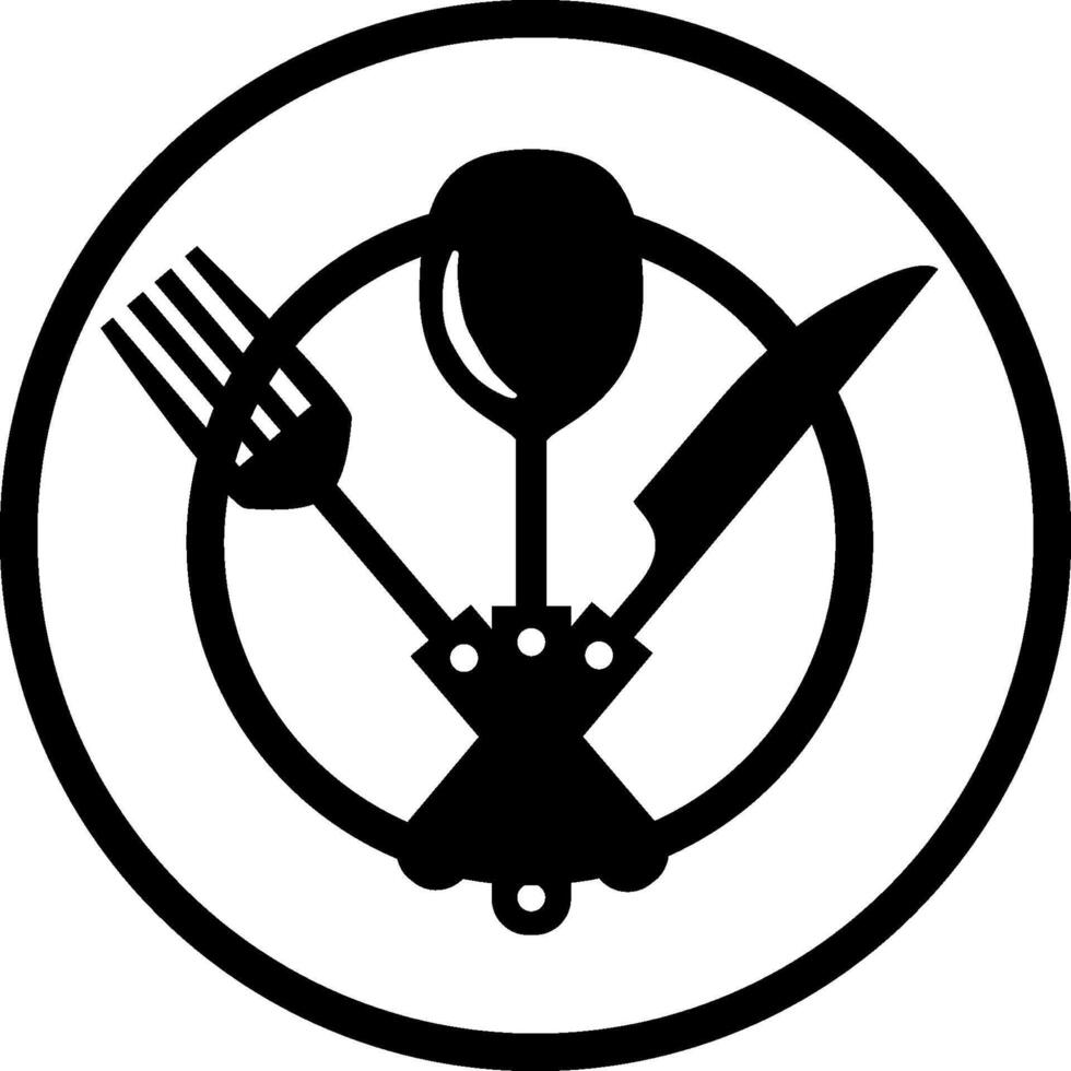 A black and white logo of a fork, knife and spoon vector