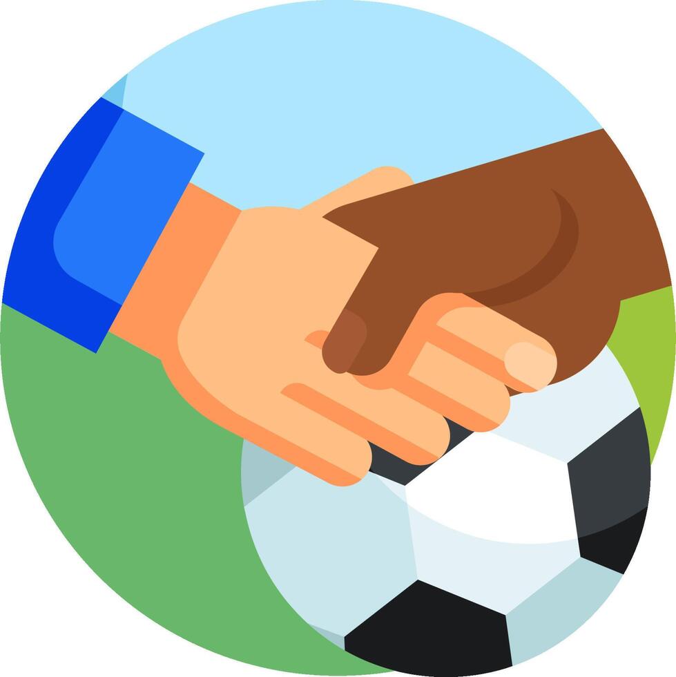 Two hands shaking hands over a soccer ball vector