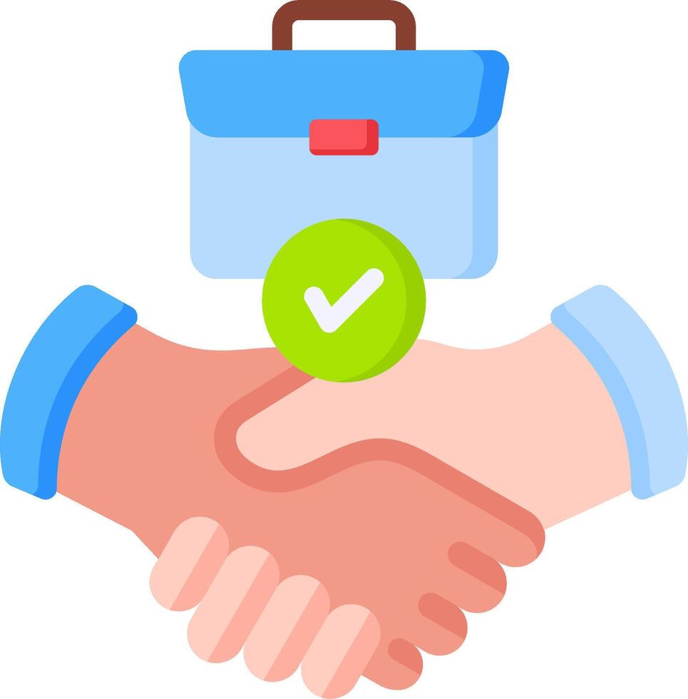 Two hands shaking over a briefcase with a tick vector