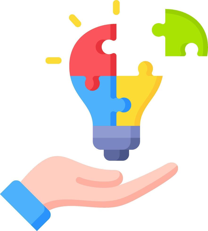 A hand holding a puzzle piece with a light bulb vector