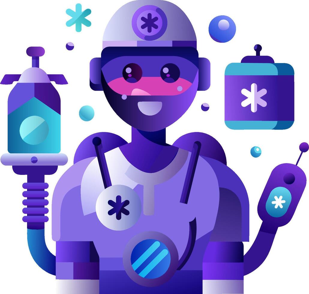 A purple robot with a syringe and a thermometer vector