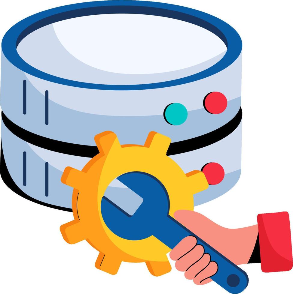 A hand holding a wrench and a large database vector