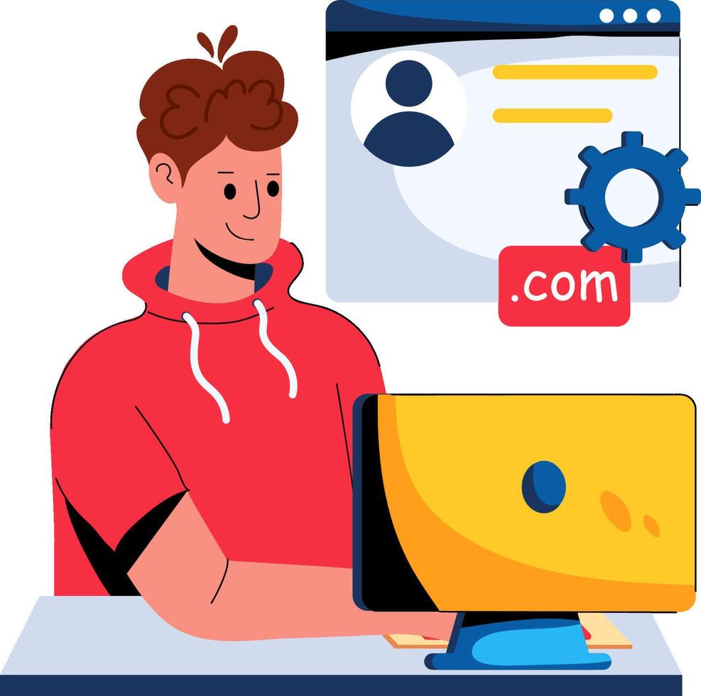 A man sitting at a desk with a computer and a com icon vector