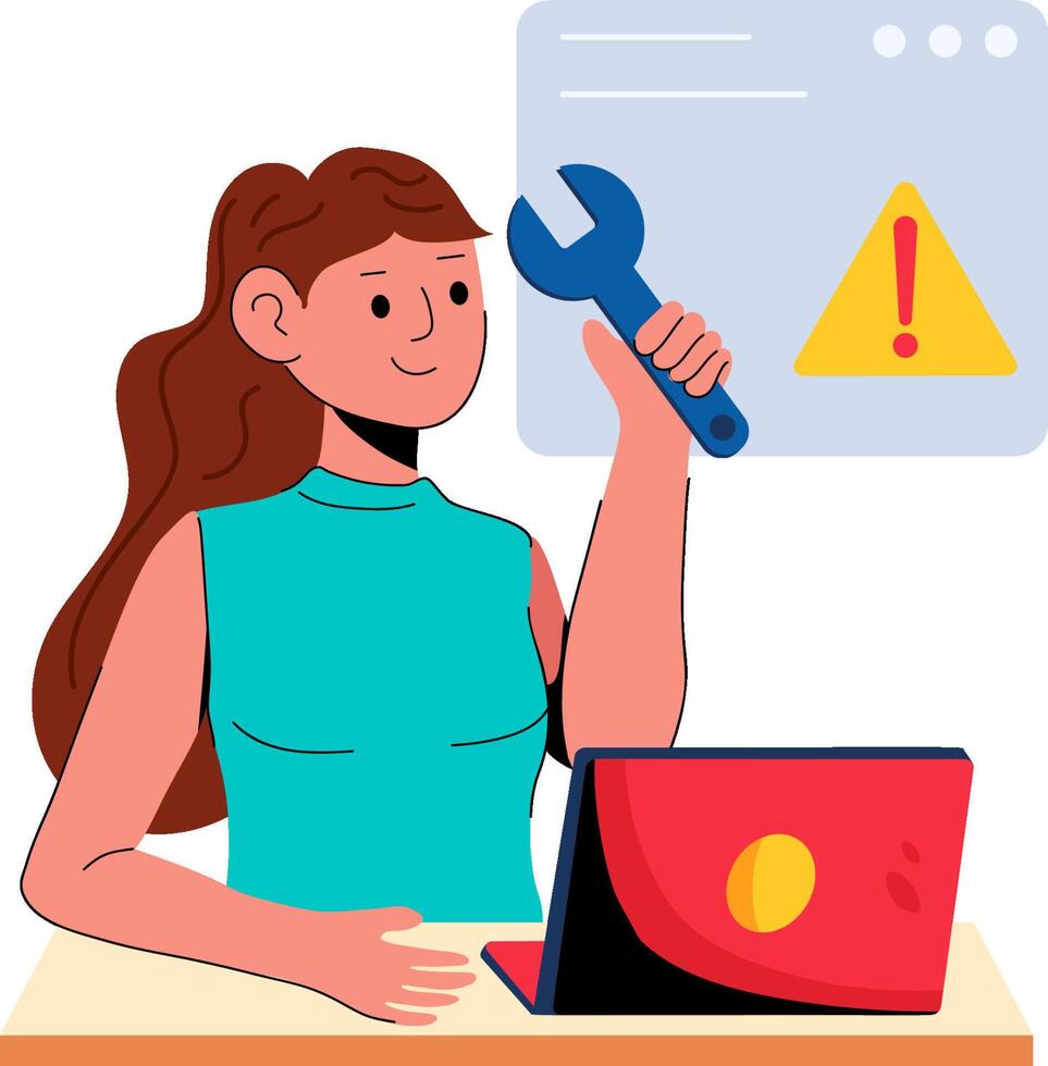 A woman holding a wrench and looking at a computer screen vector