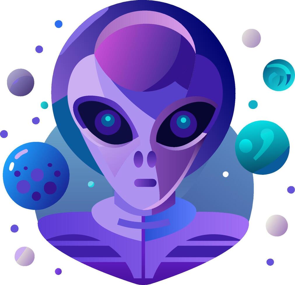 An alien with purple eyes and blue skin is surrounded by spheres vector