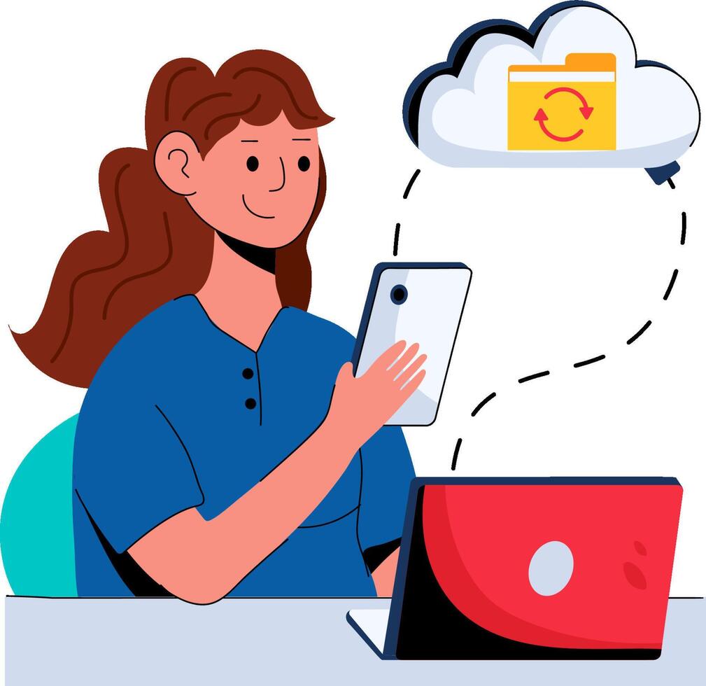 A woman is using a laptop and a cloud icon vector