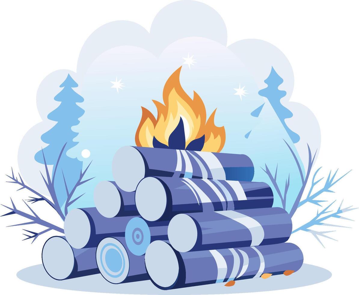 Winter campfire with logs and fire illustration vector