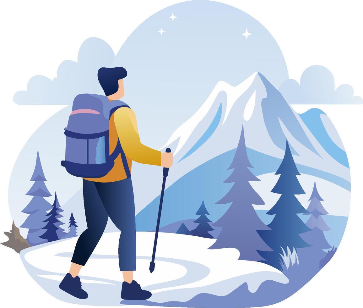 A man with a backpack and trek poles is walking in the mountains vector