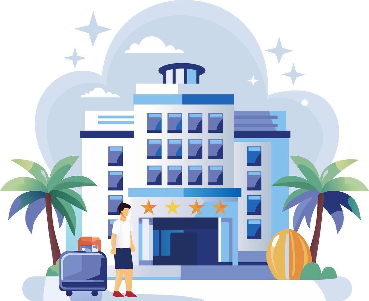 A man is standing in front of a hotel with luggage vector