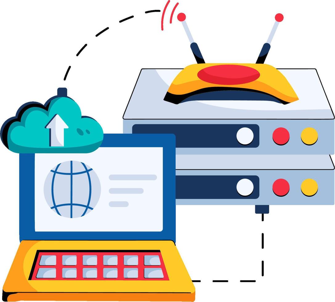 A laptop computer and a server with a cloud vector