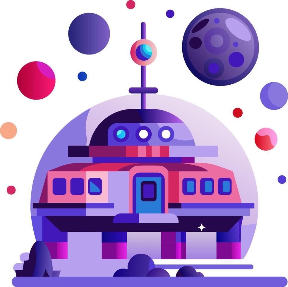 An illustration of a spaceship with planets and stars vector