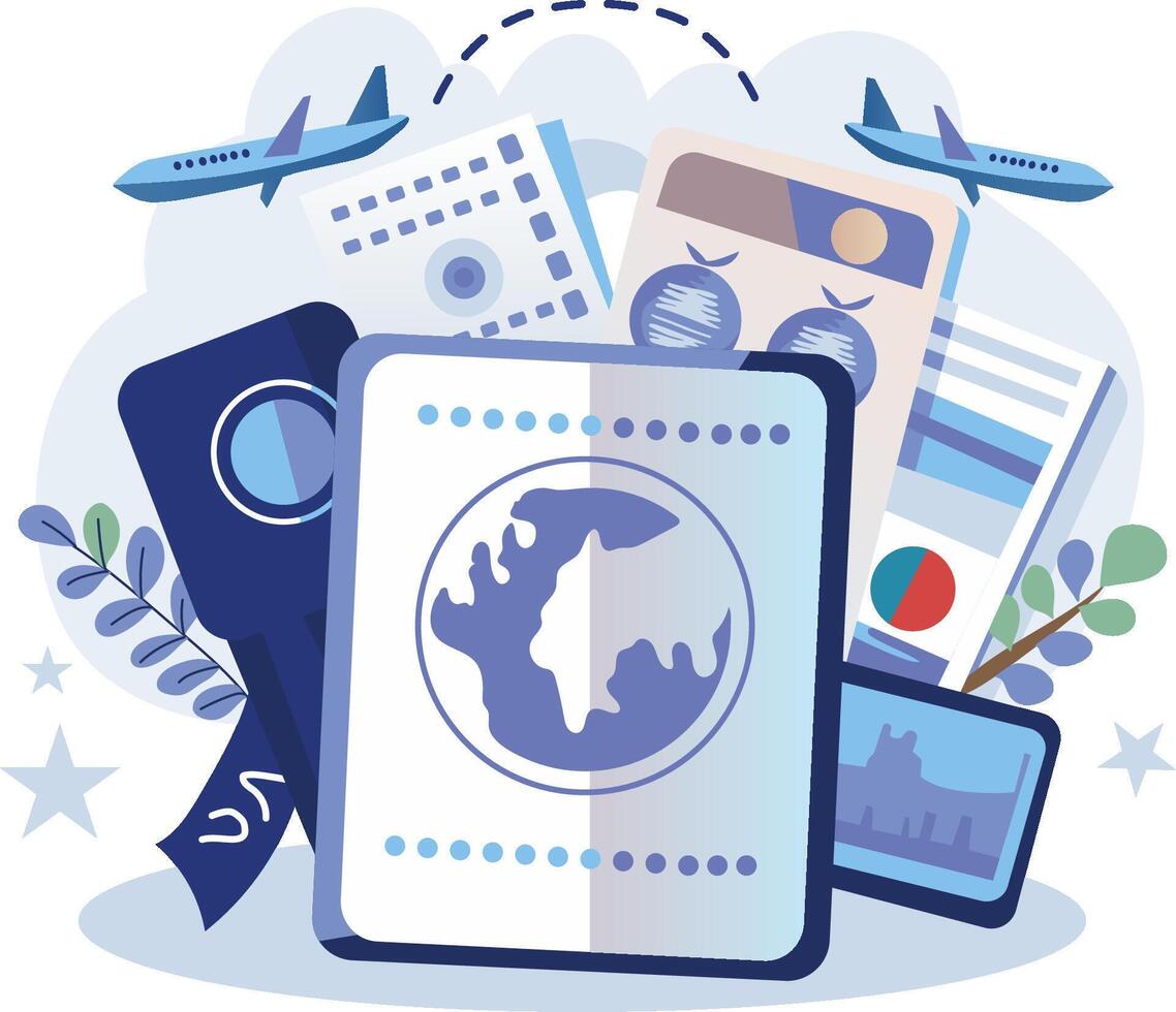 Travel documents and passport with plane and plane vector