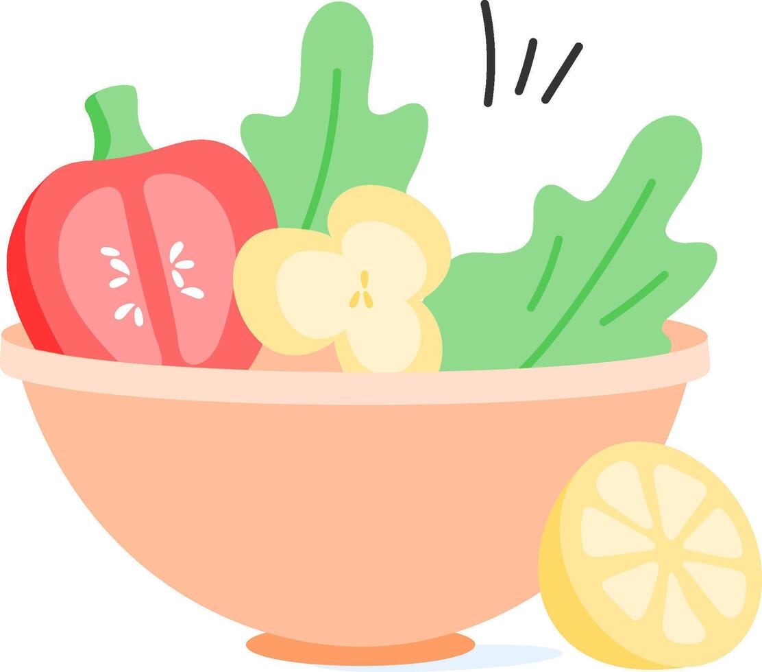 A bowl of vegetables with a lemon slice vector