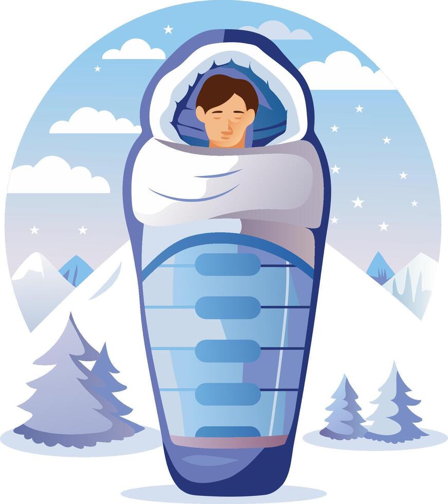 A man sleeping in a sleeping bag in the winter vector