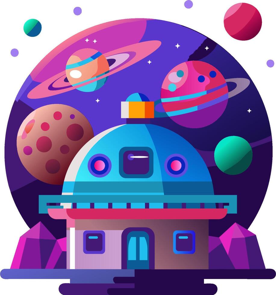 An illustration of a house with planets and planets vector