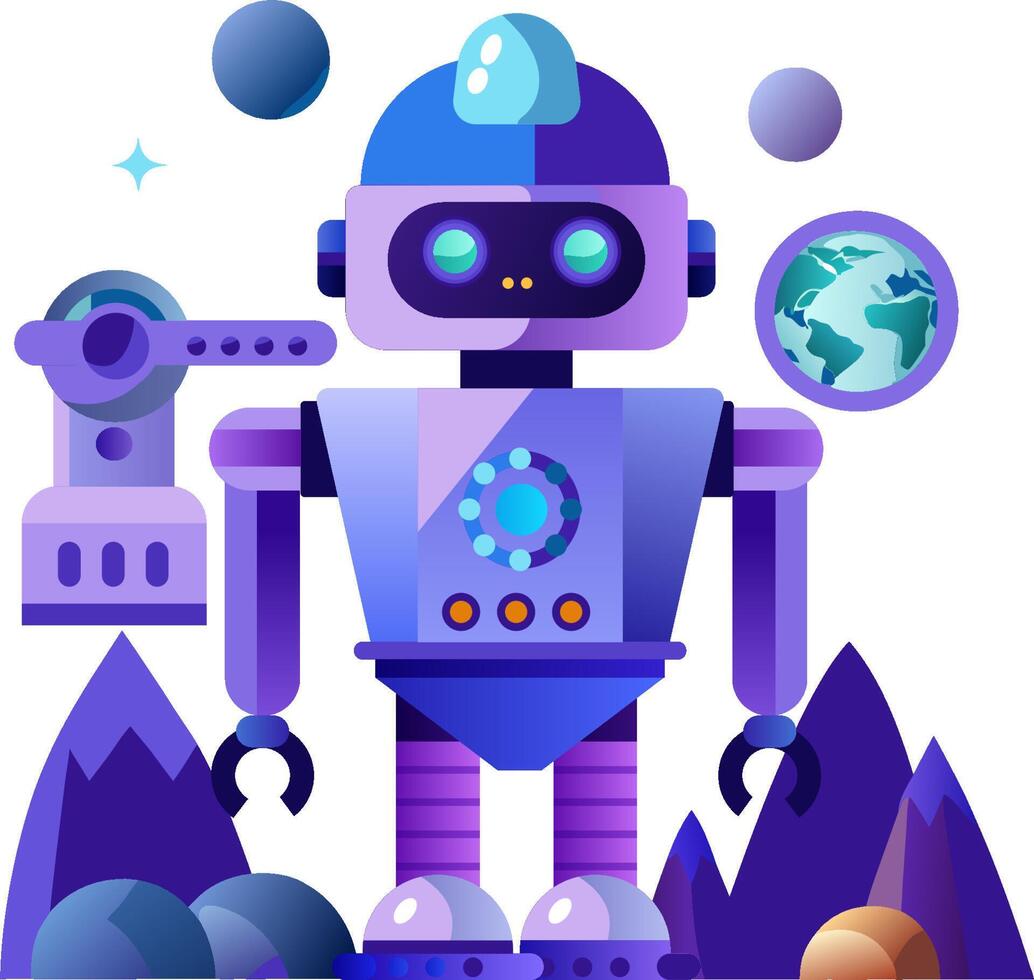 A robot with a globe and other objects vector