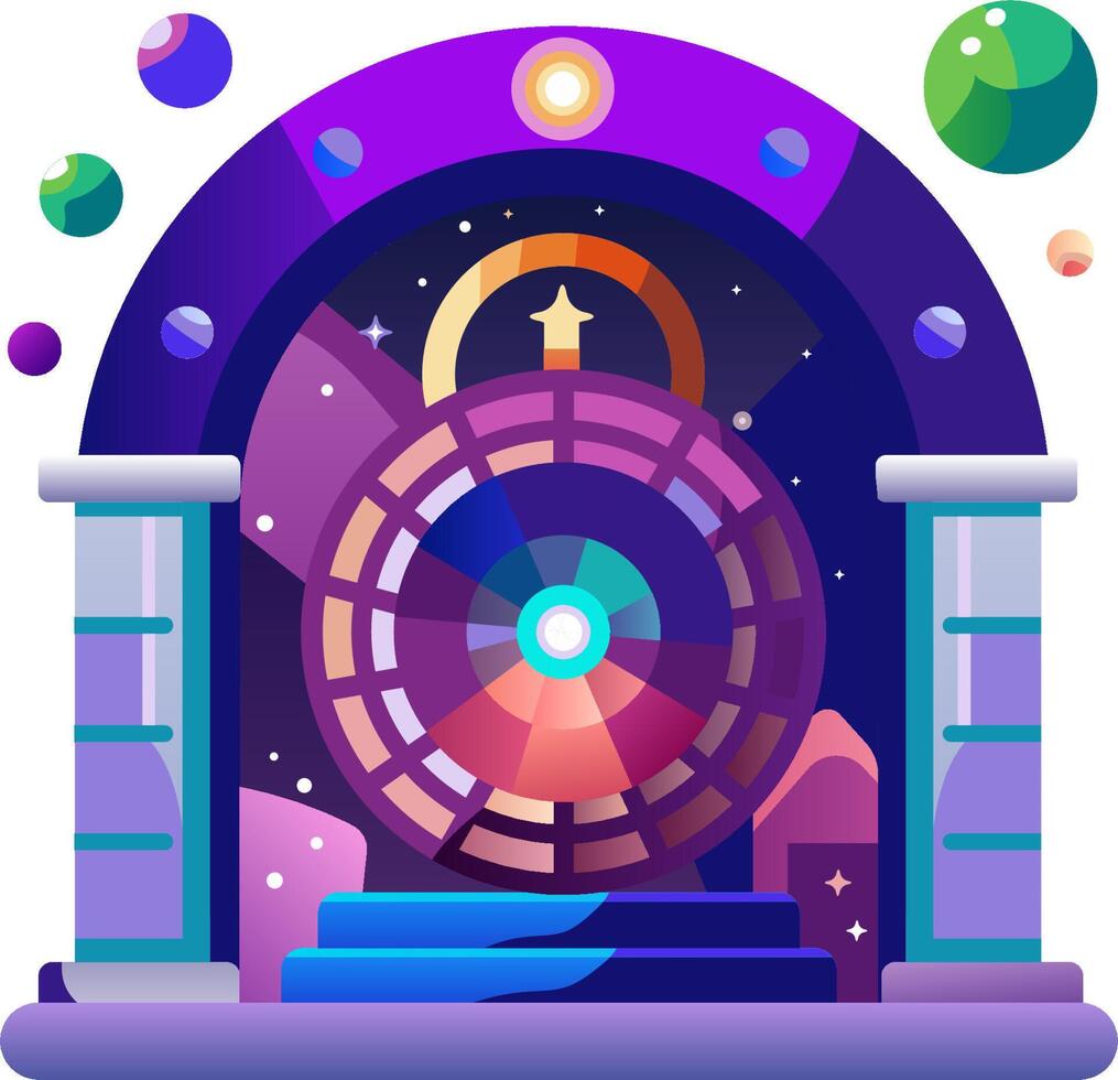 A purple and blue portal with a clock inside vector