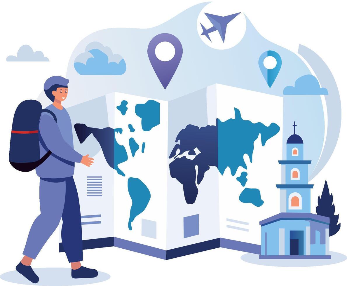 Travel map and map of the world with a person walking on it vector