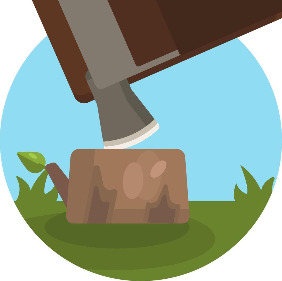 A wooden axe is being used to cut down a tree vector