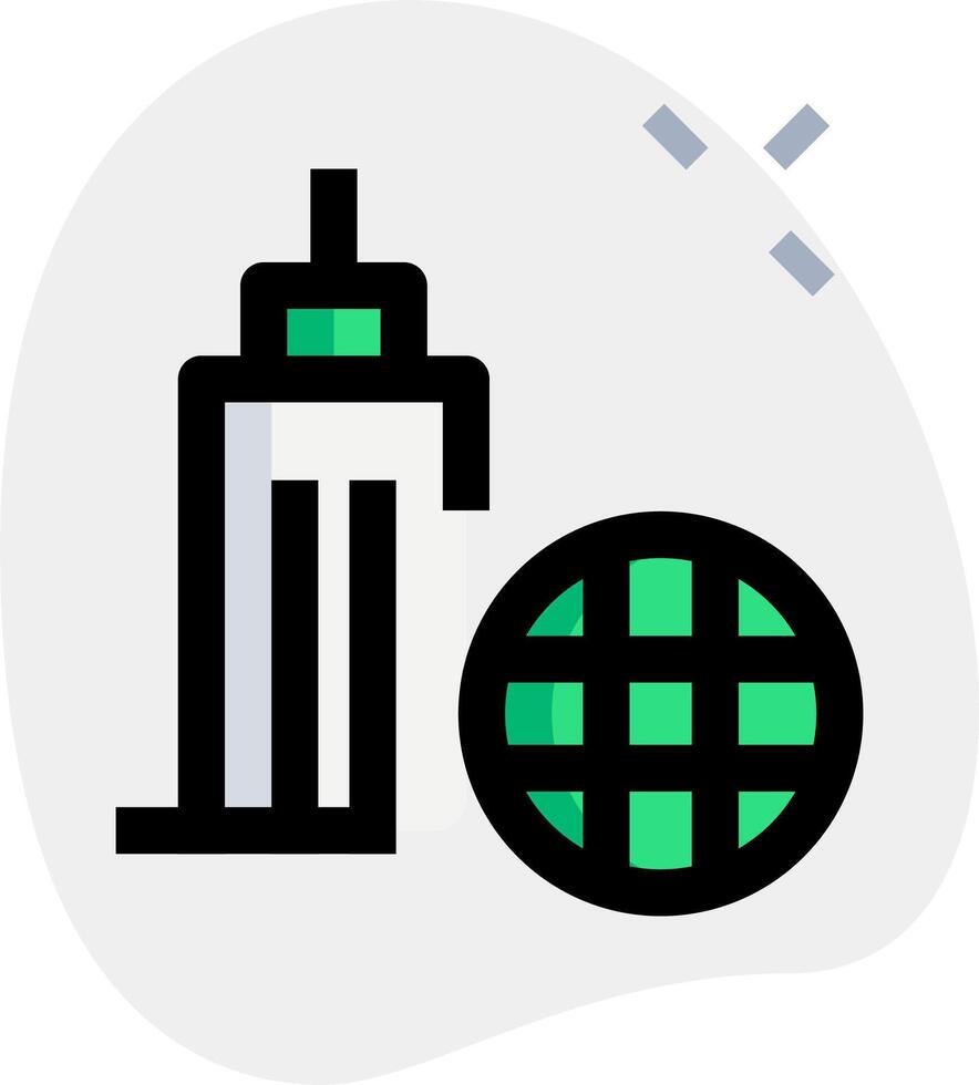 A green and black icon of a building and a globe vector