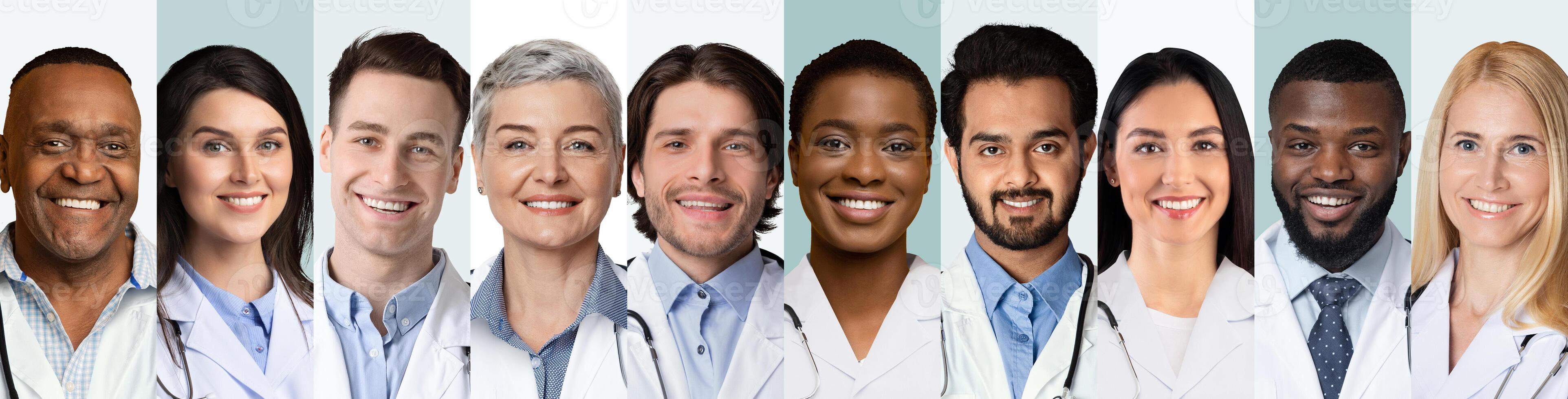 Collage Of Multiethnic Doctors And Medical Workers Portraits On White And Blue Backgrounds, Wearing Uniform. Happy Diverse Physicians And Nurses Headshots Collection. Panorama photo