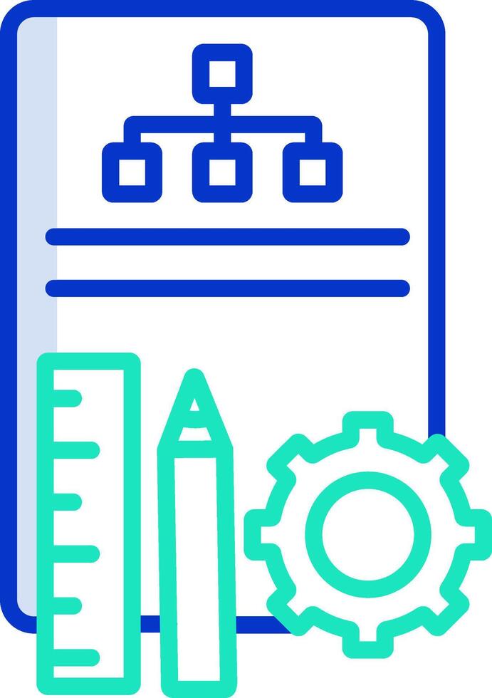 A blue and green icon of a ruler, pencil and a paper vector