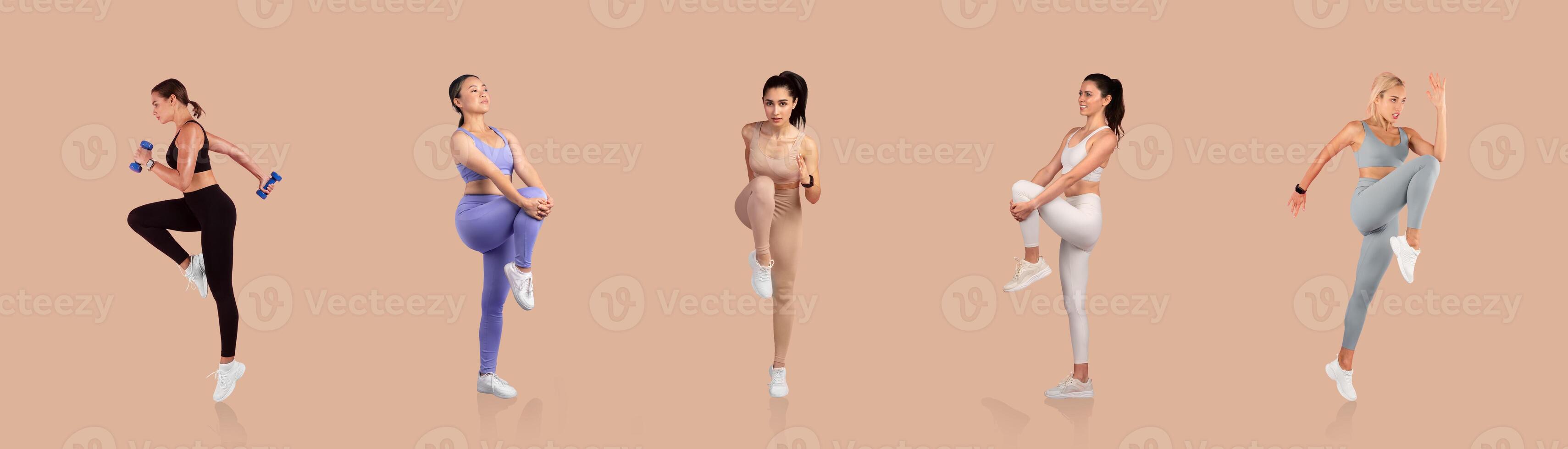 Five women perform various exercises featuring high knees and weights, showcasing different workout styles and outfits during a fitness session in a studio. photo