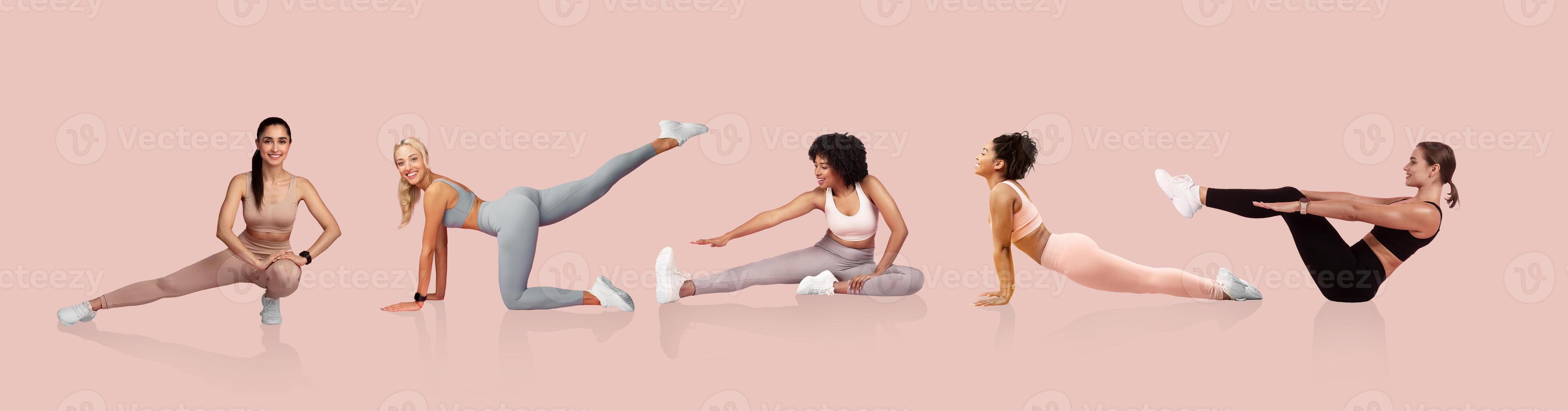 Five women demonstrate different athletic poses in a softly colored studio. Each person showcases strength and flexibility through their unique movements and expressions of fitness. photo