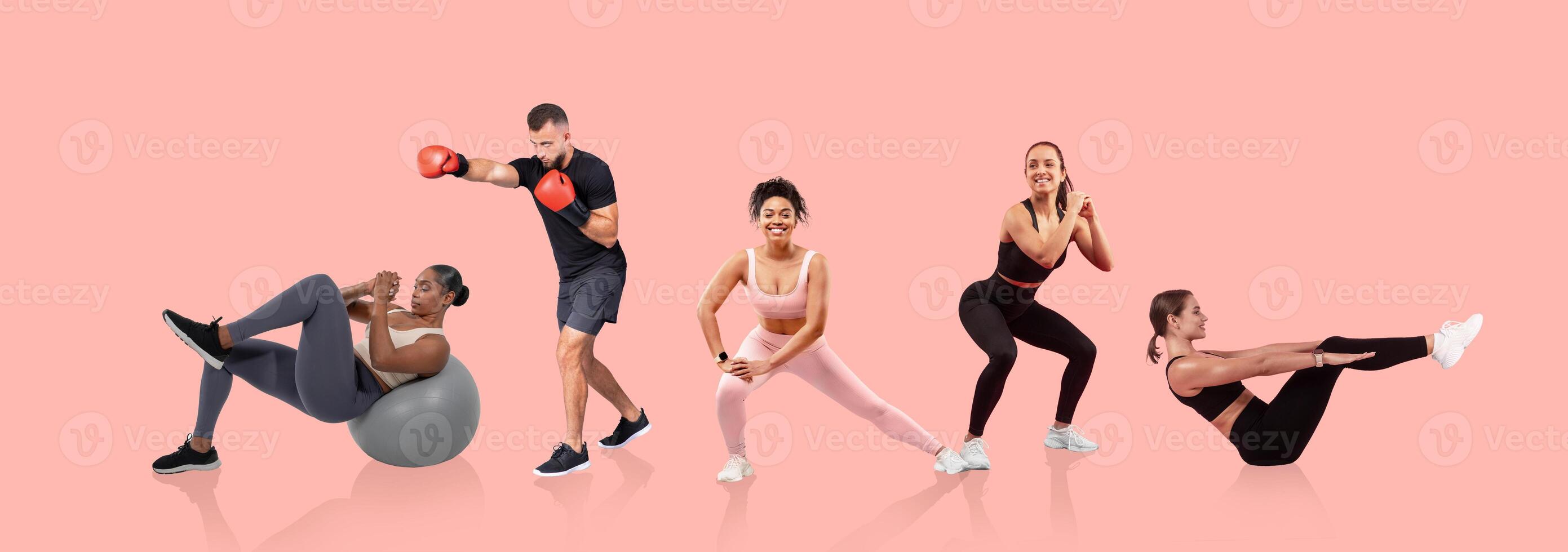 A diverse group of five individuals performs different workout routines in a bright, minimalist space. They focus on strength and cardio exercises, showcasing their commitment to fitness and health. photo