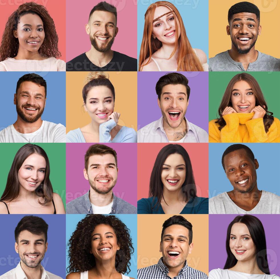 Different emotions collage. Set of male and female emotional portraits. Young diverse people posing at colorful backgrounds photo