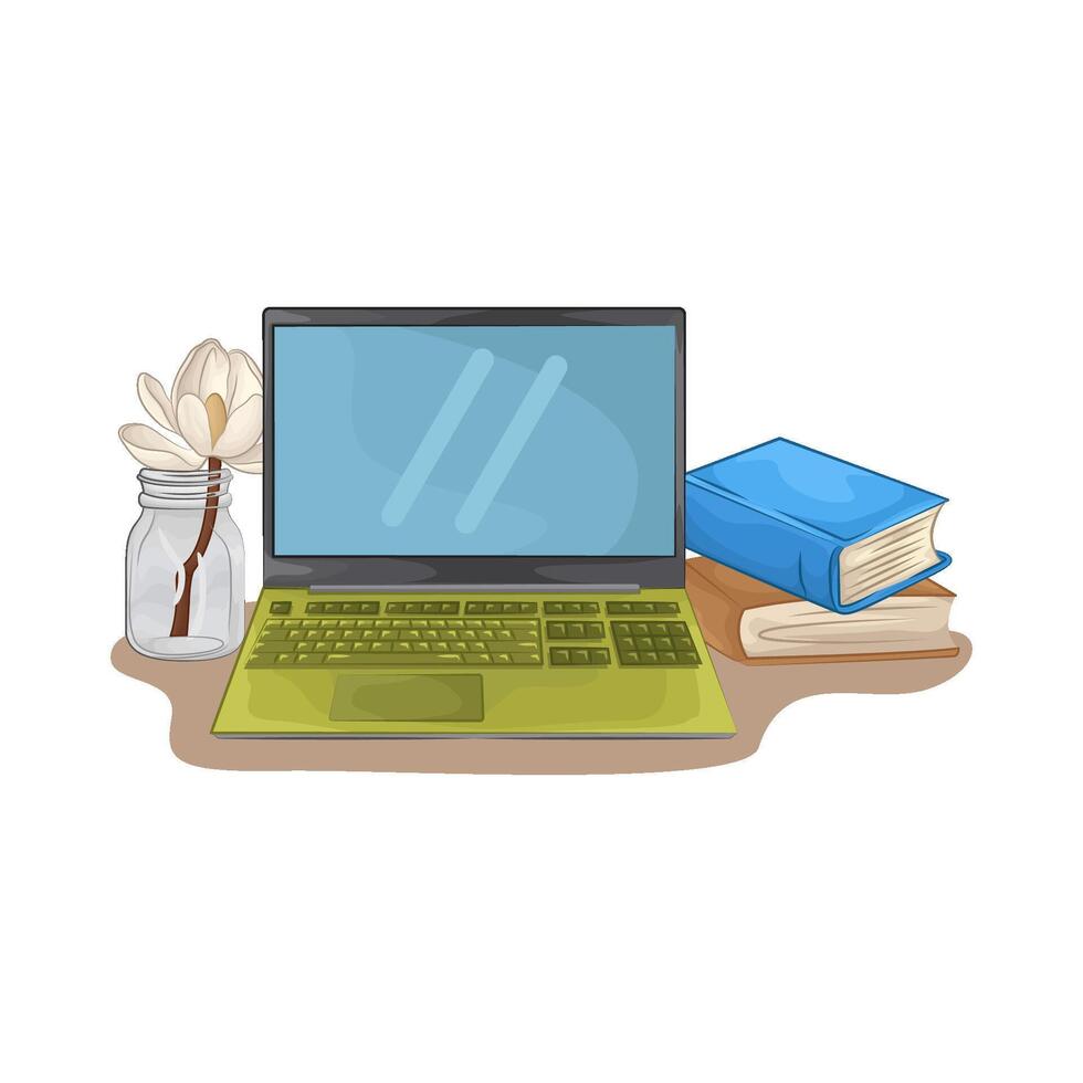laptop and book with flowers illustration vector