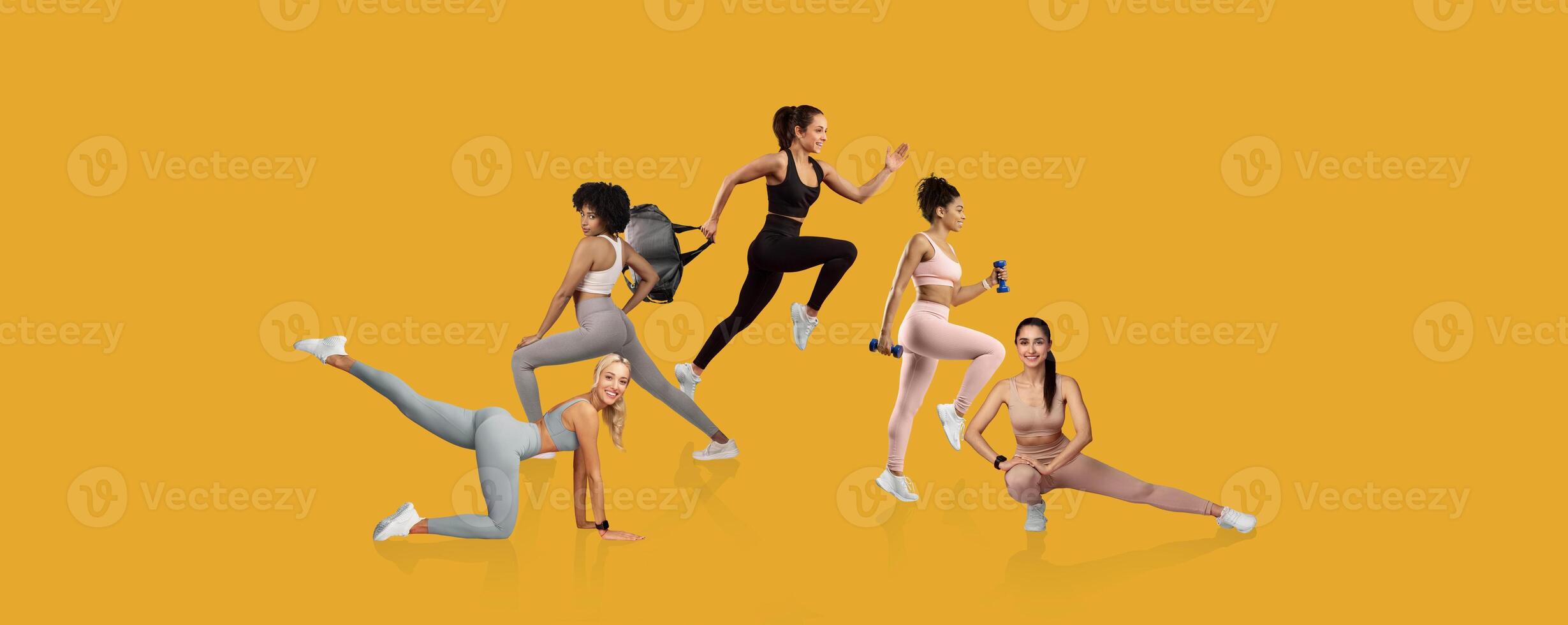 Five women participate in various fitness routines, showcasing strength and motion. The dynamic poses highlight their athletic wear against a bright yellow backdrop, promoting an active lifestyle. photo