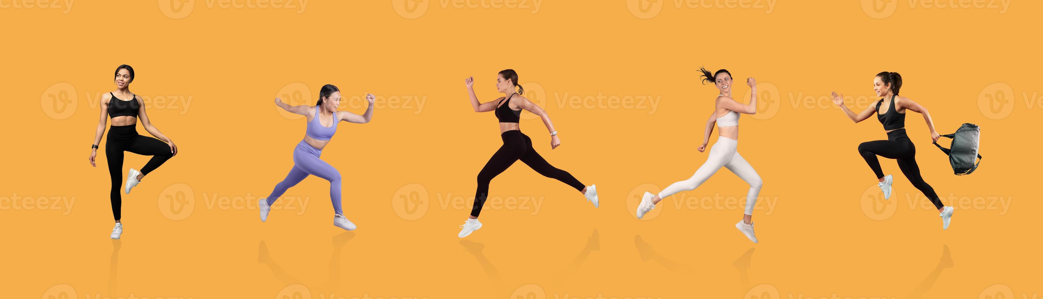 Five athletic women in various outfits demonstrate energetic running and exercising against a vibrant orange backdrop, showcasing fitness and movement in action during daylight. photo