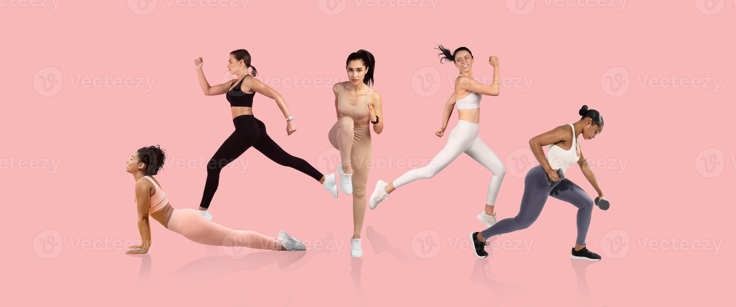 Five women perform various workout activities, including running, lunging, and using weights. They exhibit different fitness styles and outfits, showcasing strength and commitment to health. photo