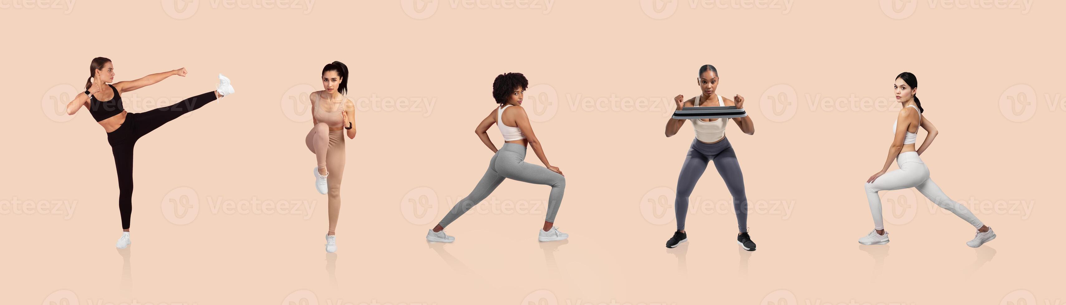 Five women perform various exercises in a minimalist studio setting. Each woman showcases different fitness techniques, including kicks, lunges, and resistance training, all while wearing activewear. photo
