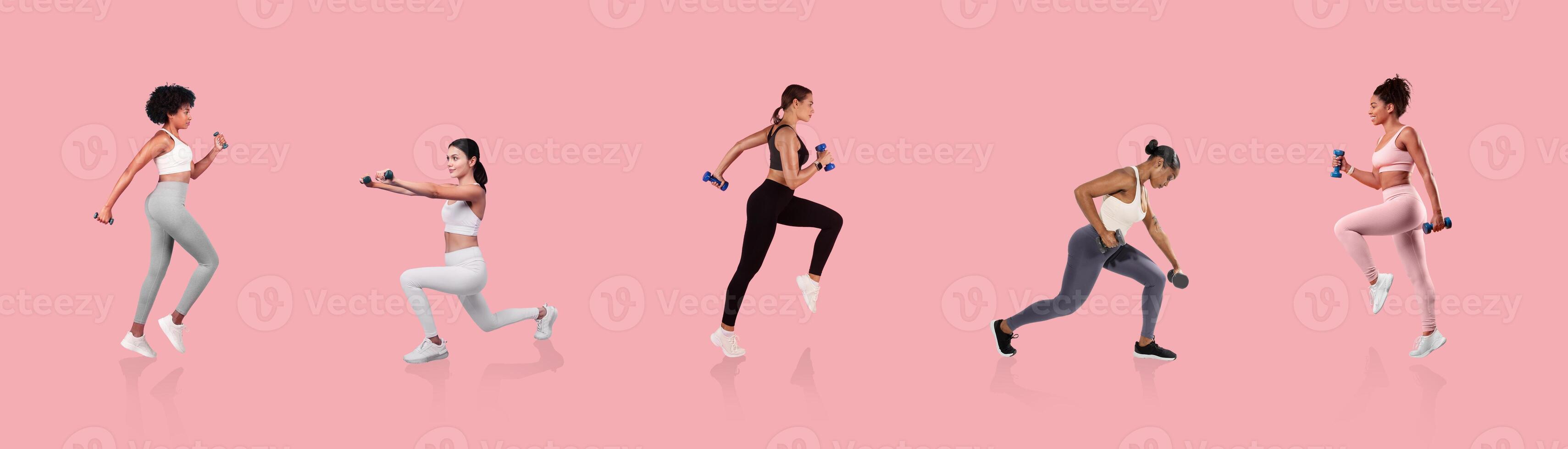 Several women of different appearances are performing a variety of fitness exercises, showcasing energy and strength. Their movements depict an active and healthy lifestyle. photo