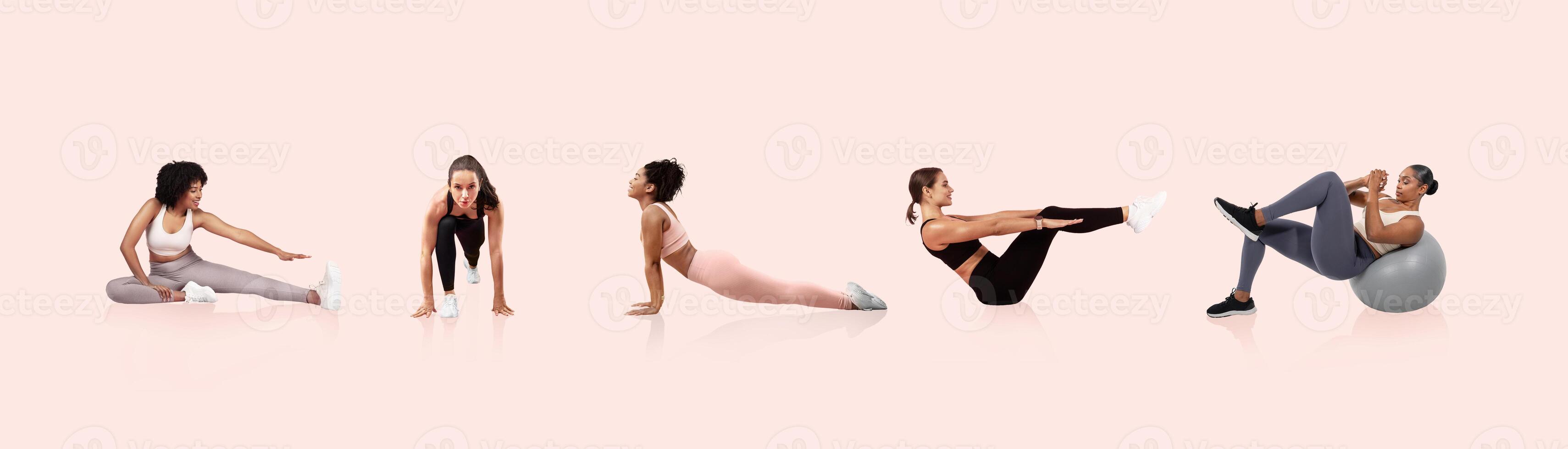 A group of women perform different fitness exercises on a smooth surface in a calm studio. Each participant showcases unique stretches and workouts, promoting strength and flexibility. photo