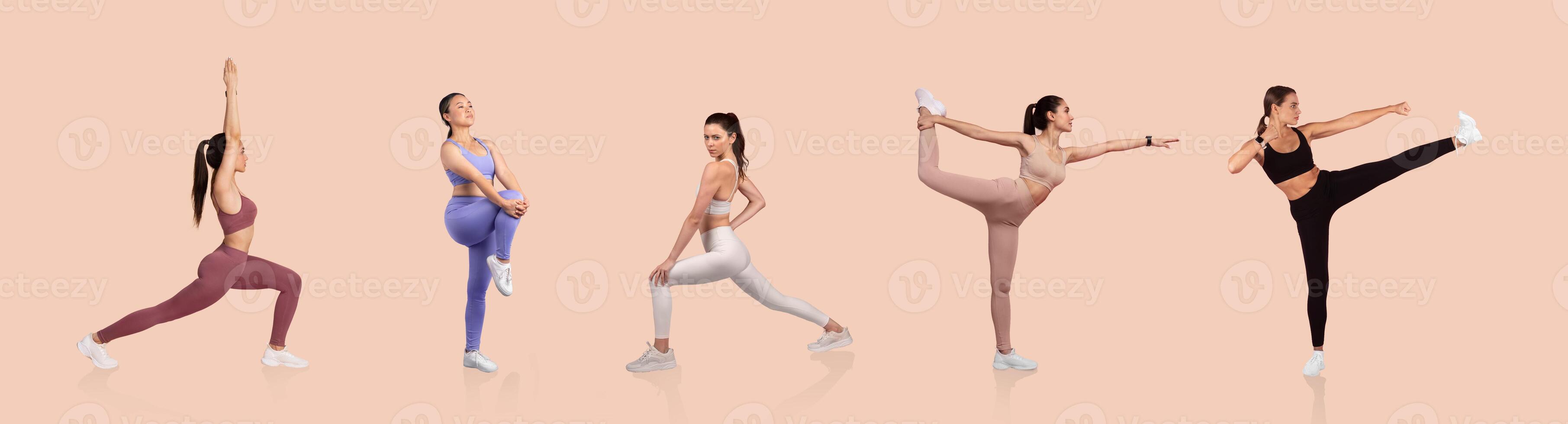 Five women showcase various yoga poses in stylish workout gear against a pastel background. Each pose highlights strength, balance, and flexibility, contributing to an inspiring fitness atmosphere. photo